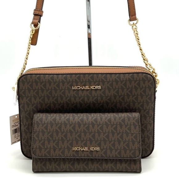 Michael Kors Large EW Crossbody Bag & Large Trifold Wallet Brown/ Gold - Picture 1 of 13